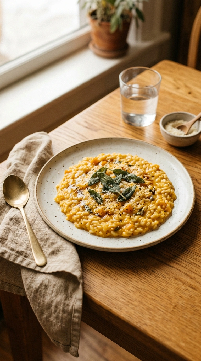 Pumpkin puree, pasta, butter, garlic, cream, broth, cheese, and fresh sage on white surface