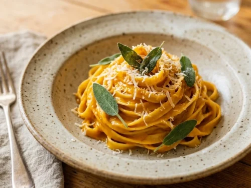 Pumpkin puree, pasta, butter, garlic, cream, broth, cheese, and fresh sage on white surface
