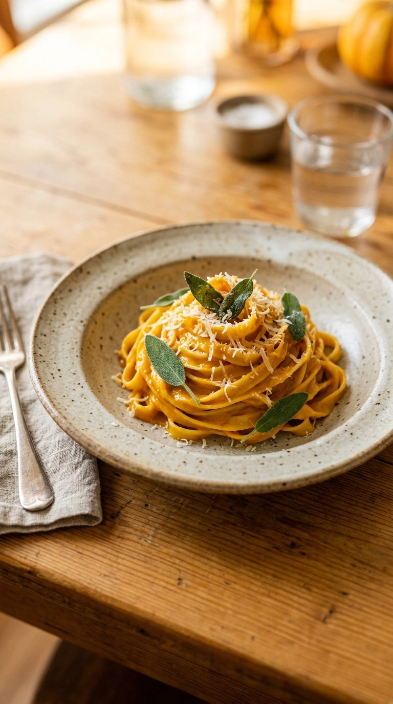 Pumpkin puree, pasta, butter, garlic, cream, broth, cheese, and fresh sage on white surface