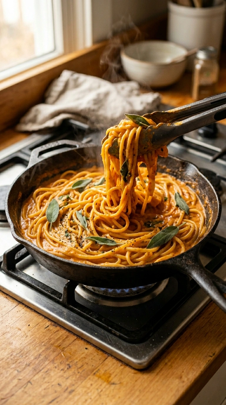 Cooking instructions for savory pumpkin pasta