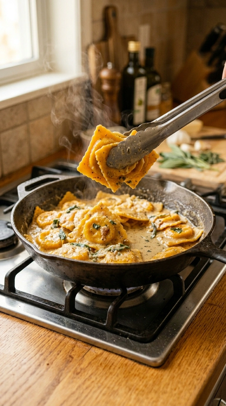 Cooking instructions for savory pumpkin ravioli