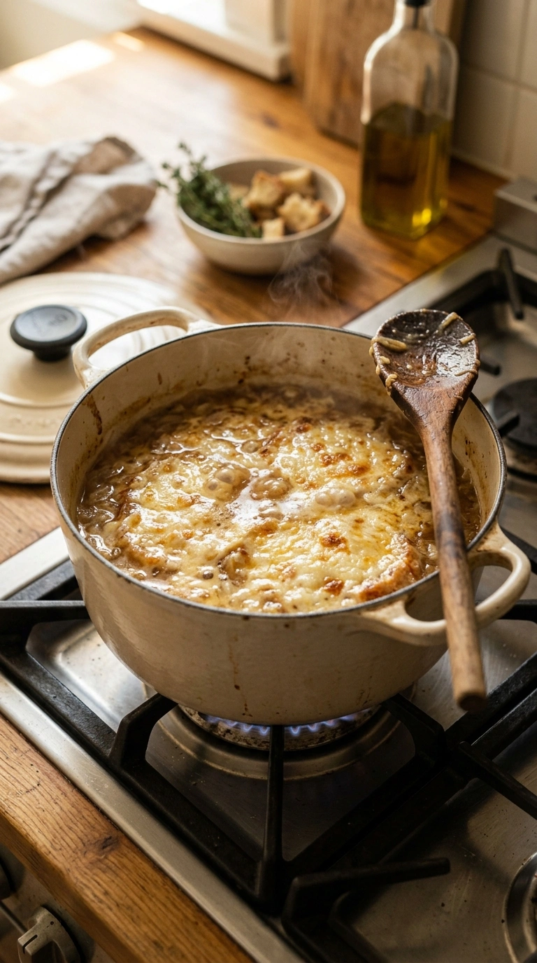 Cooking instructions for creamy caramelized french onion soup