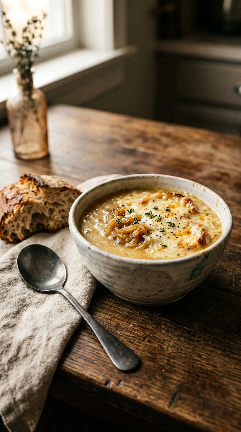 creamy caramelized french onion soup ready to serve