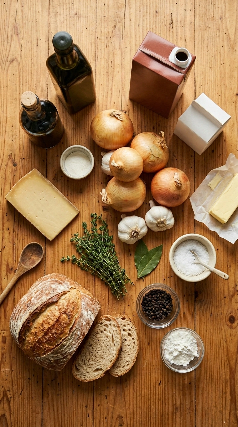 Ingredients for creamy caramelized french onion soup