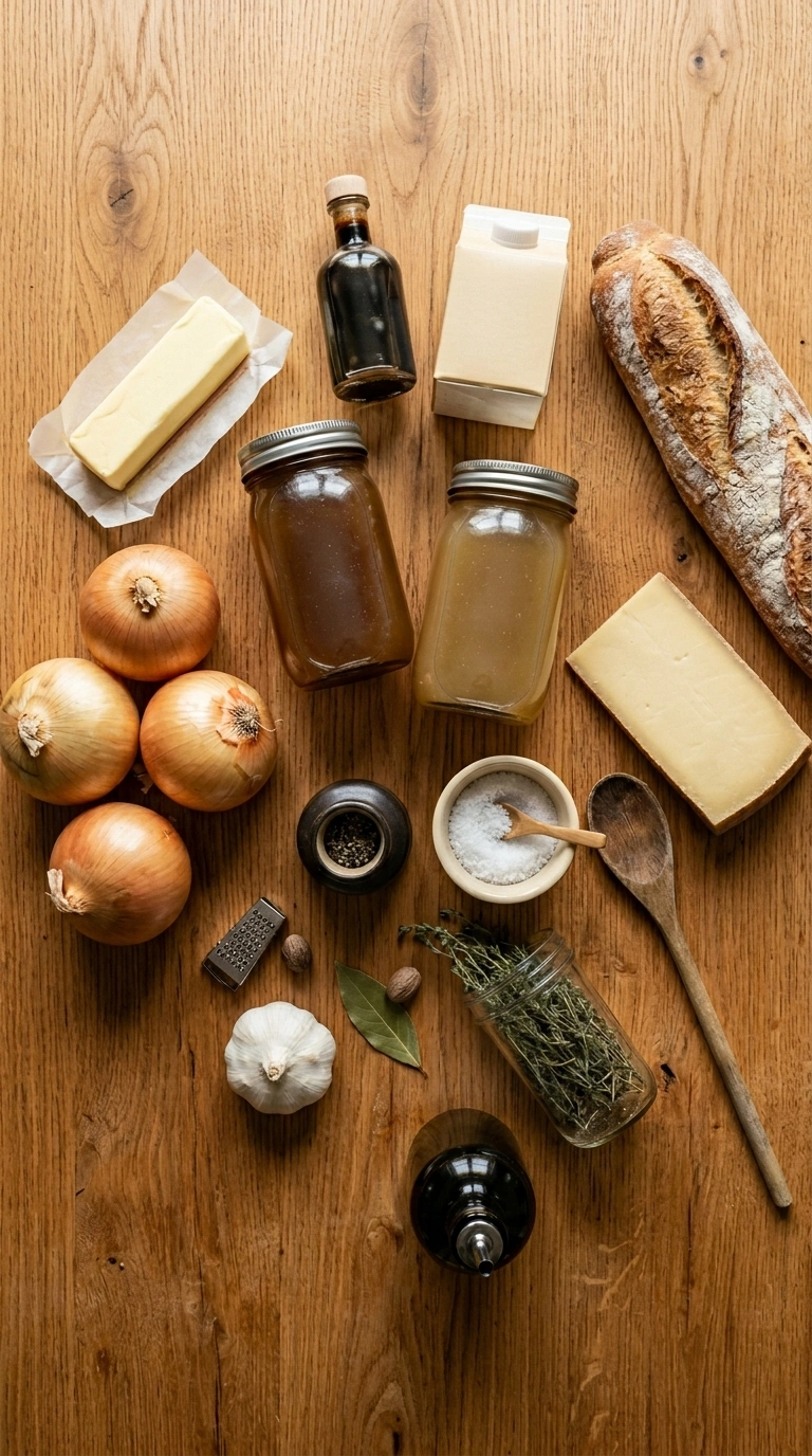 Ingredients for creamy french onion soup classic