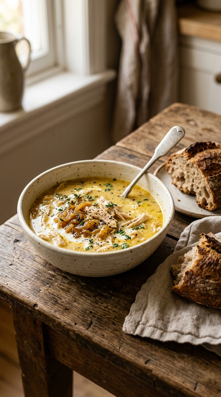 creamy french onion chicken soup ready to serve