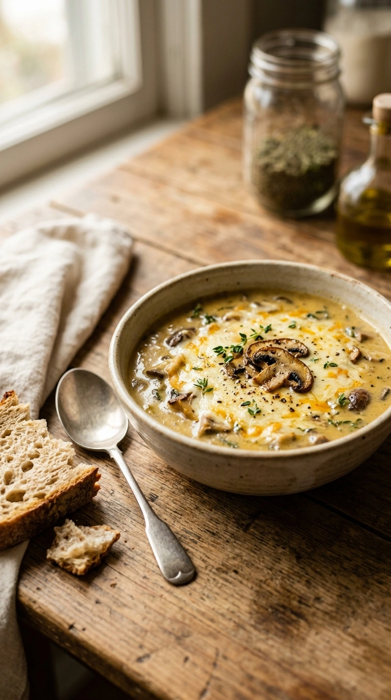 creamy french onion mushroom soup ready to serve