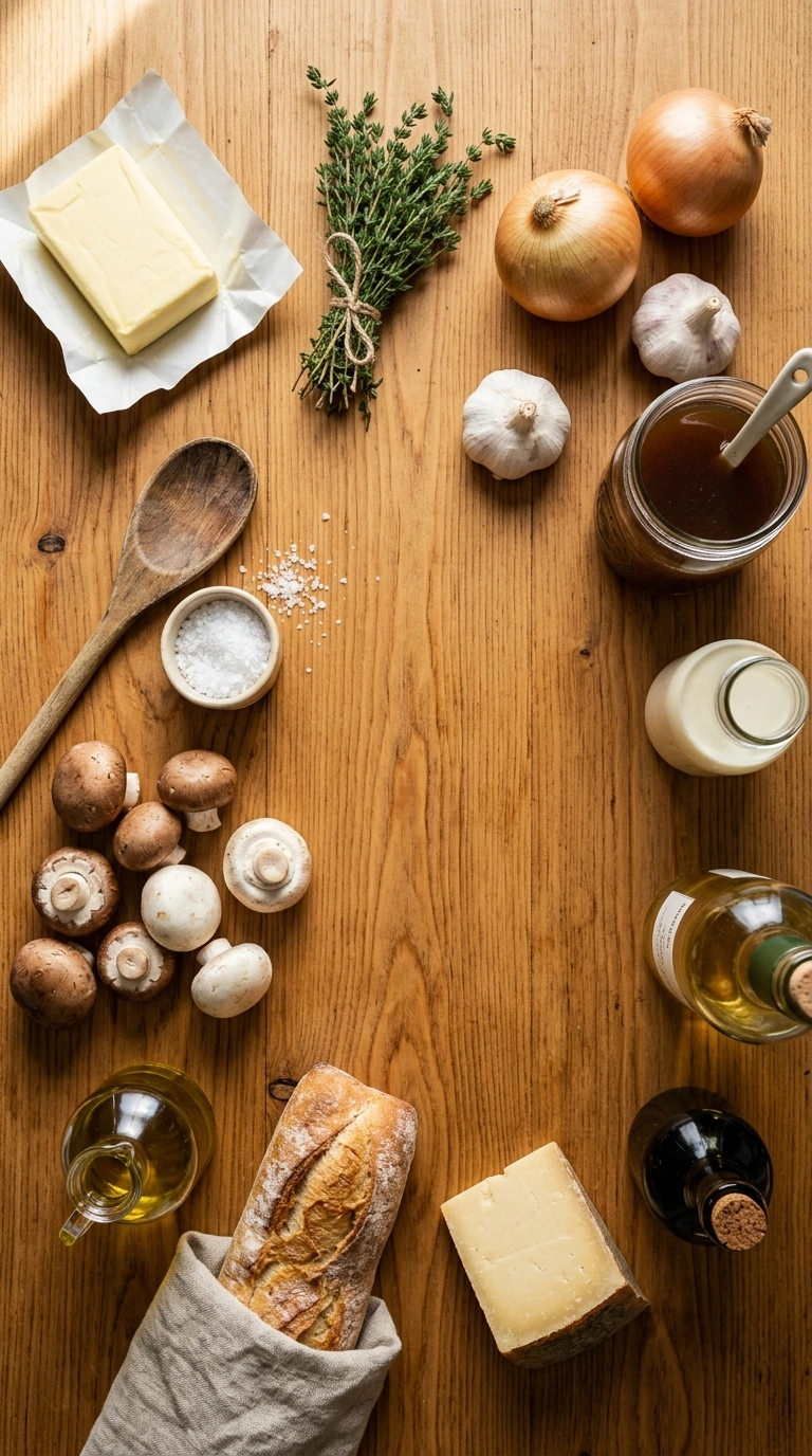 Ingredients for creamy french onion mushroom soup