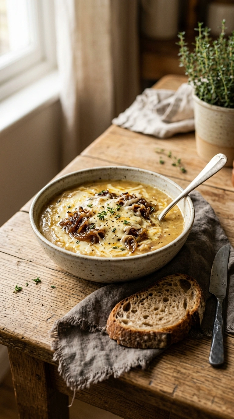 creamy french onion potato soup ready to serve