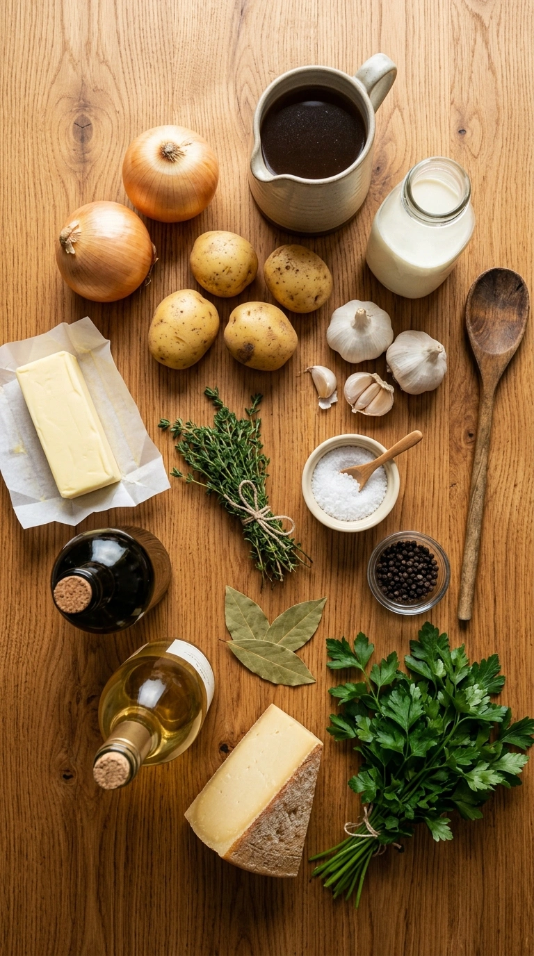 Ingredients for creamy french onion potato soup