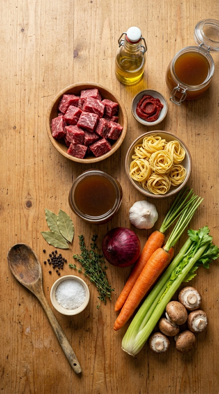 Ingredients for best beef and noodle soup