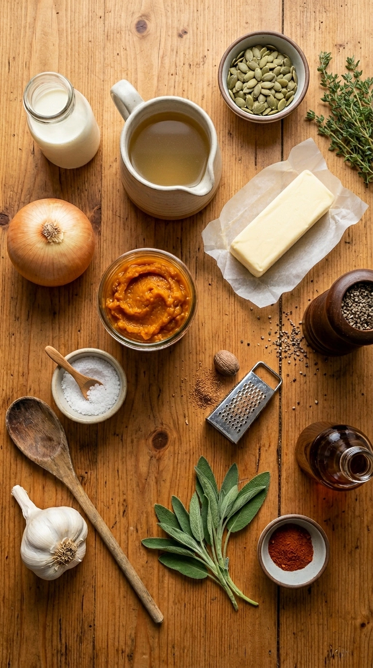 Ingredients for creamy pumpkin soup elegant