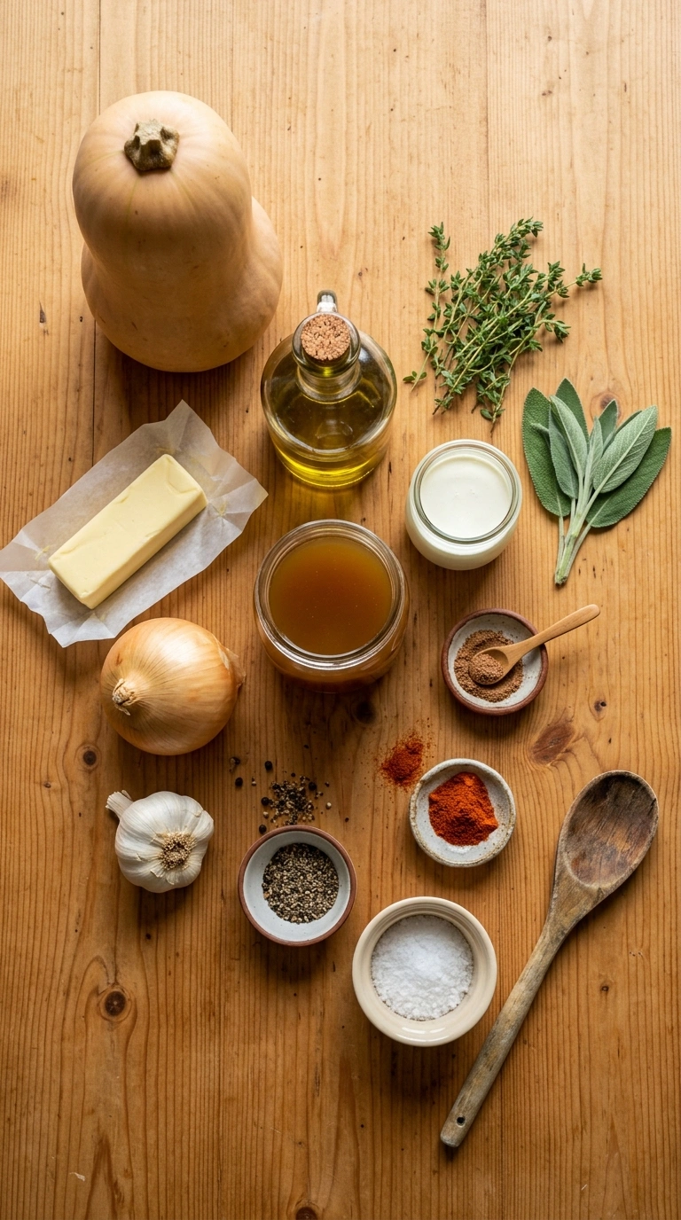 Ingredients for creamy butternut squash soup elegant