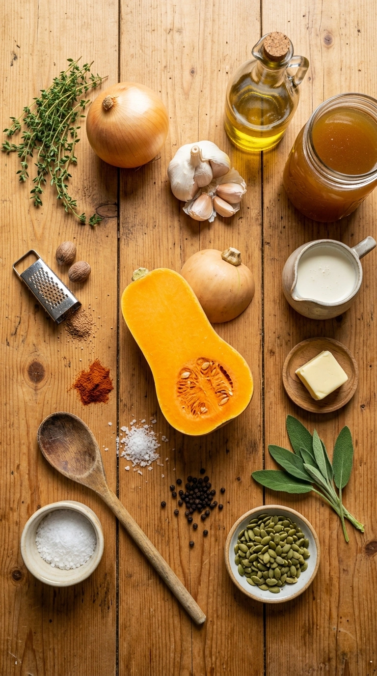 Ingredients for creamy roasted butternut soup elegant