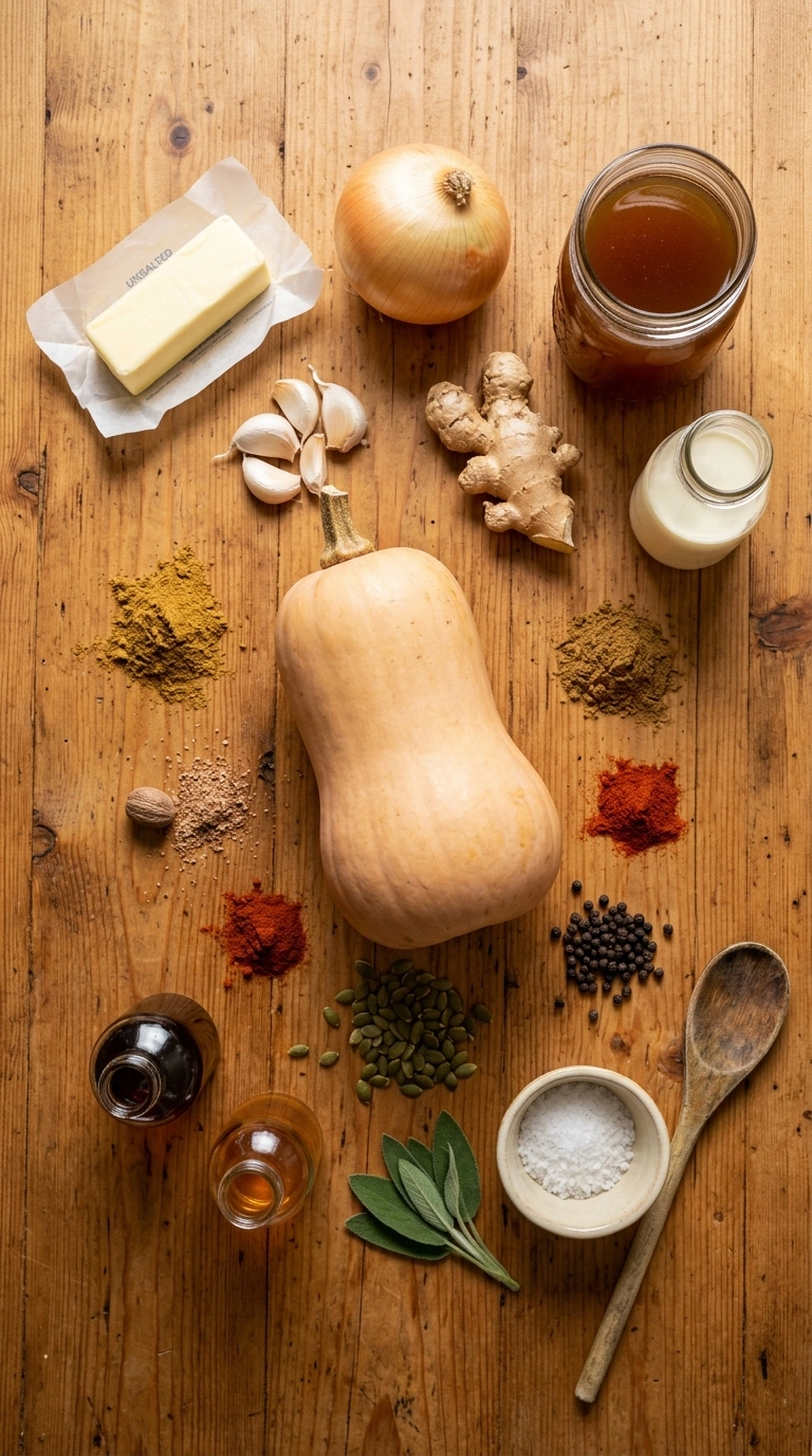 Ingredients for creamy ginger butternut soup elegant
