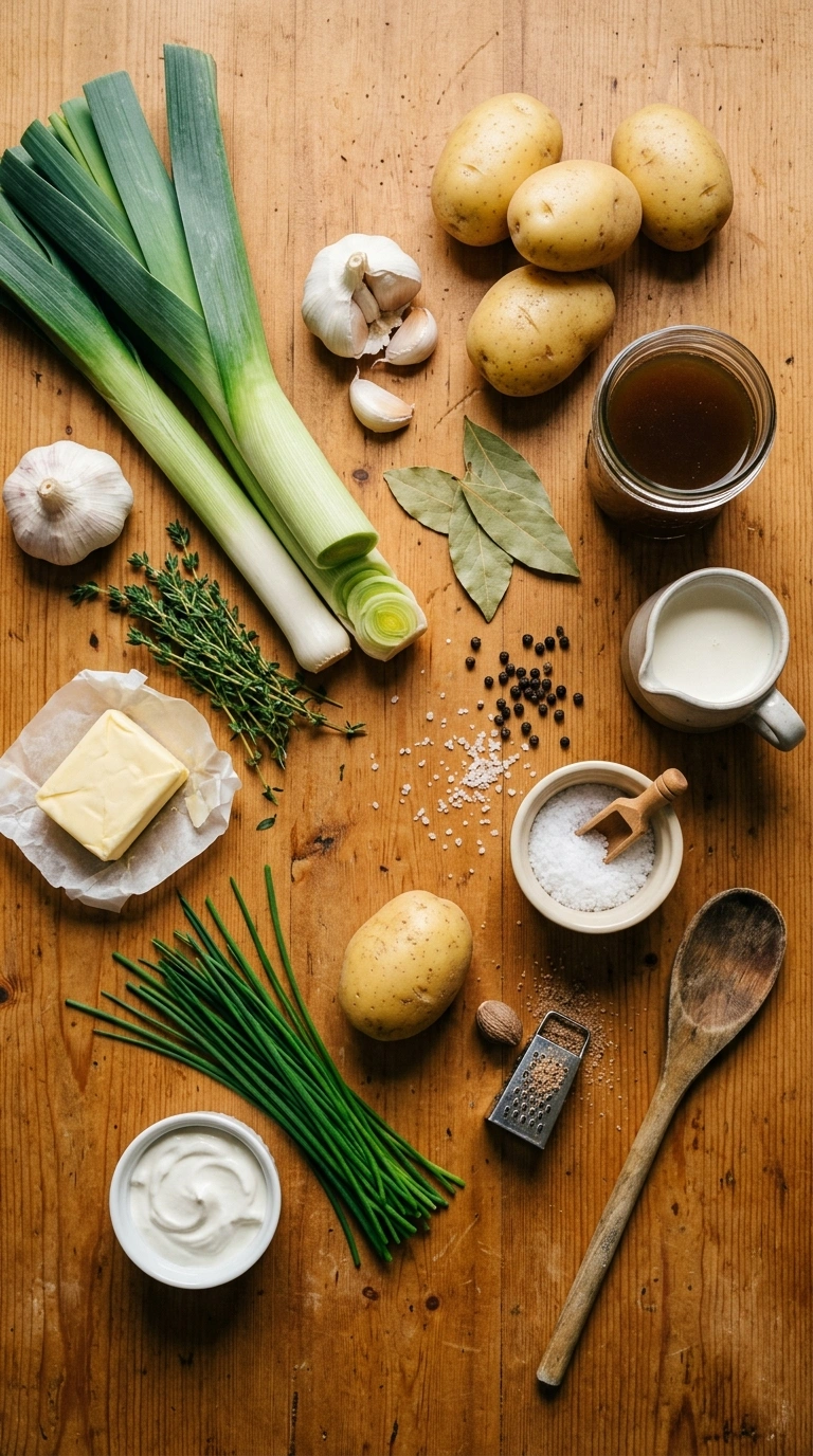 Ingredients for cozy potato leek soup elegant