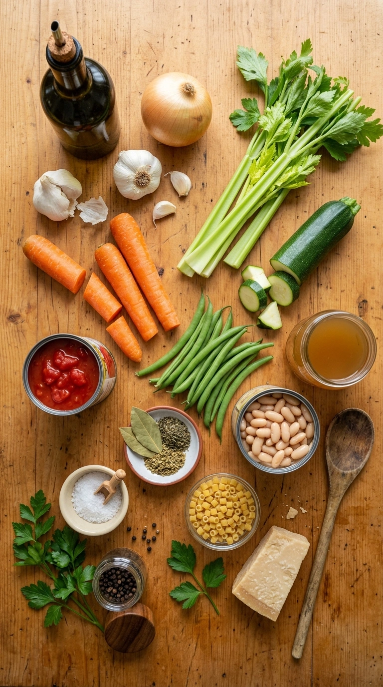 Ingredients for cozy minestrone soup elegant