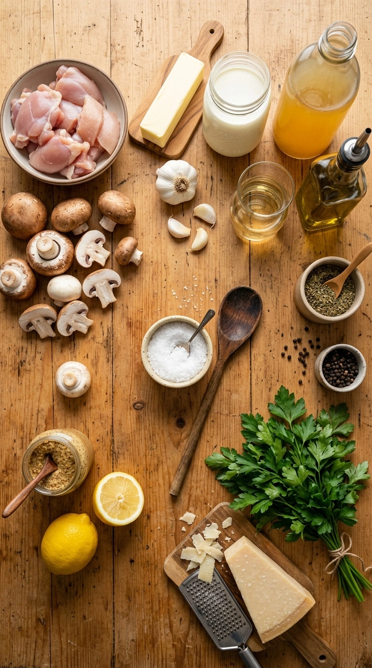 Ingredients for creamy mushroom chicken elegant