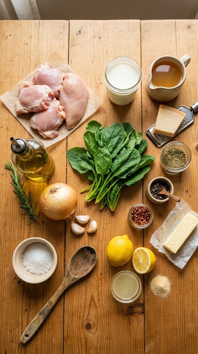 Ingredients for creamy spinach chicken elegant