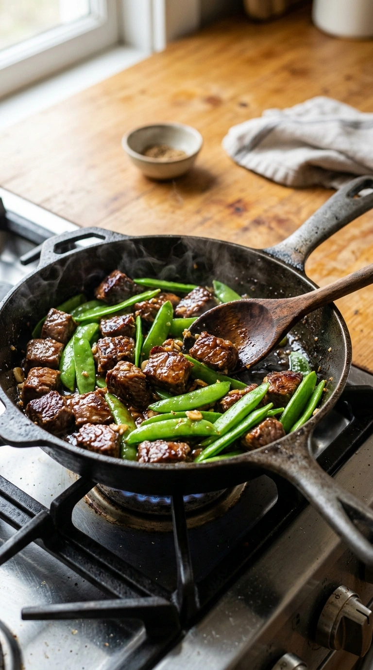 Cooking instructions for tender beef and snow peas