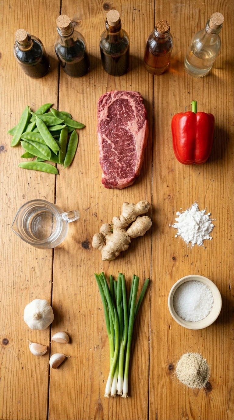 Ingredients for tender beef and snow peas