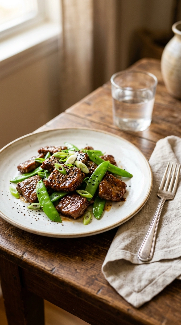 tender beef and snow peas ready to serve