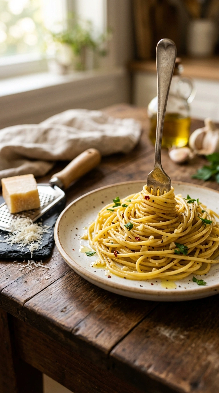 savory garlicky aglio olio ready to serve