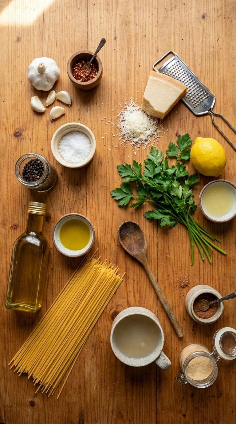 Ingredients for savory garlicky aglio olio