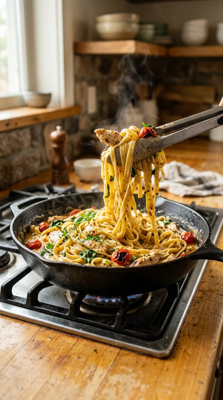 Cooking instructions for savory garlicky chicken pasta