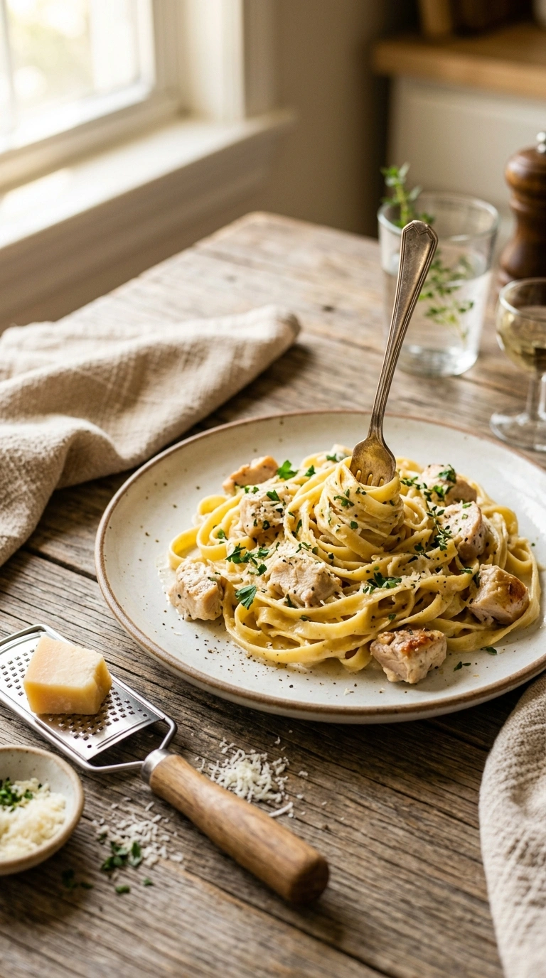 savory garlicky chicken pasta ready to serve