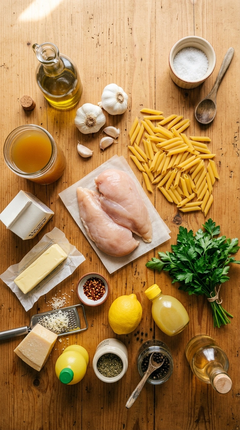 Ingredients for savory garlicky chicken pasta