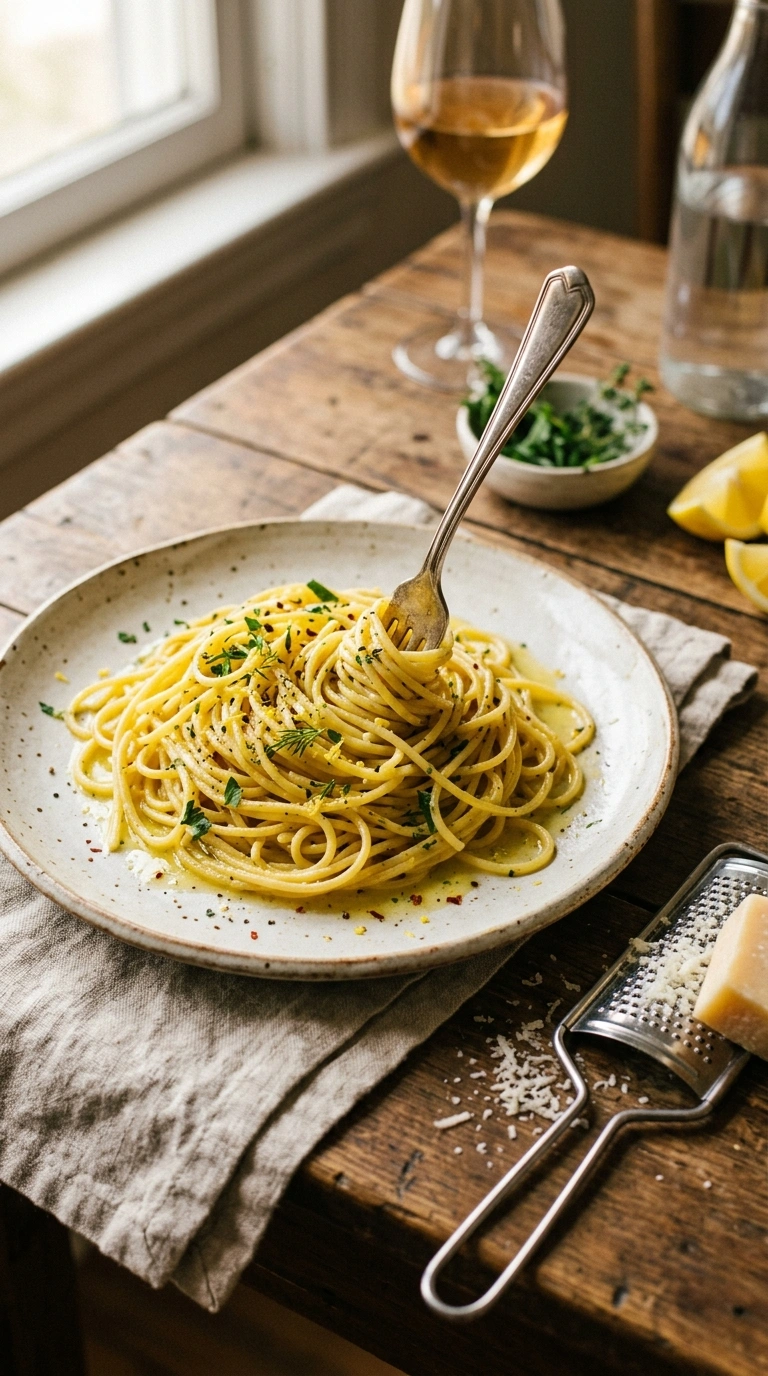 savory garlicky lemon pasta ready to serve