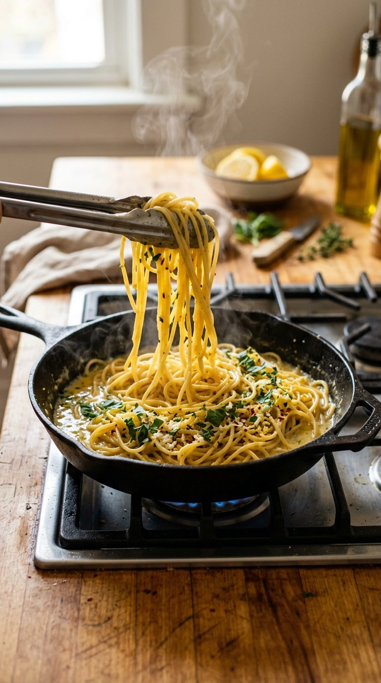 Cooking instructions for savory garlicky lemon pasta