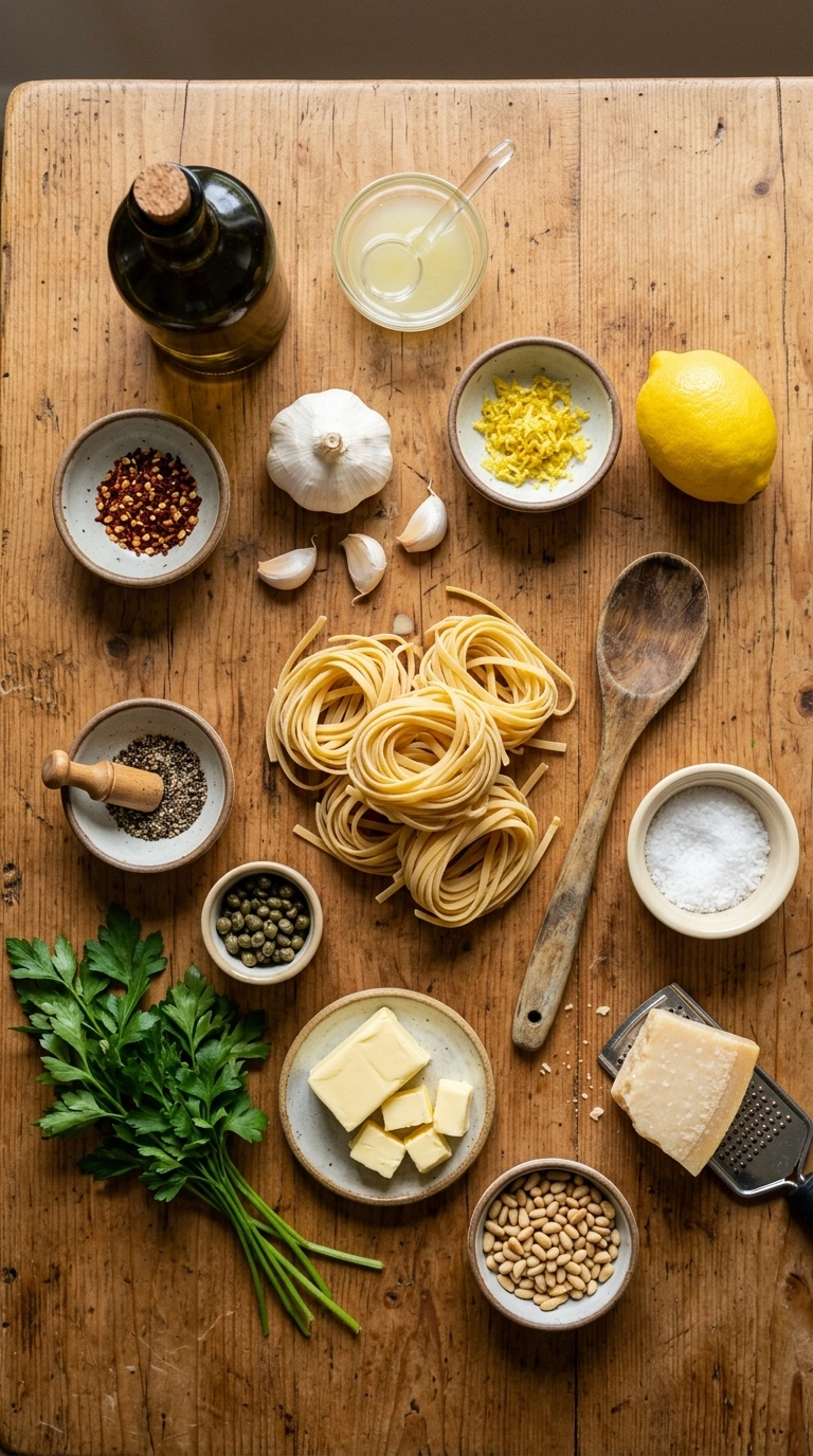 Ingredients for savory garlicky lemon pasta