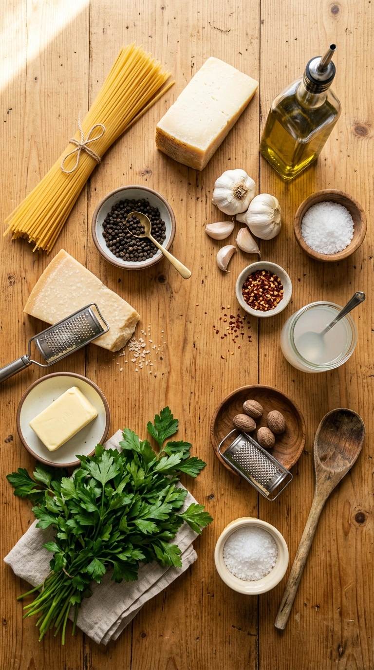 Ingredients for savory garlicky cacio e pepe