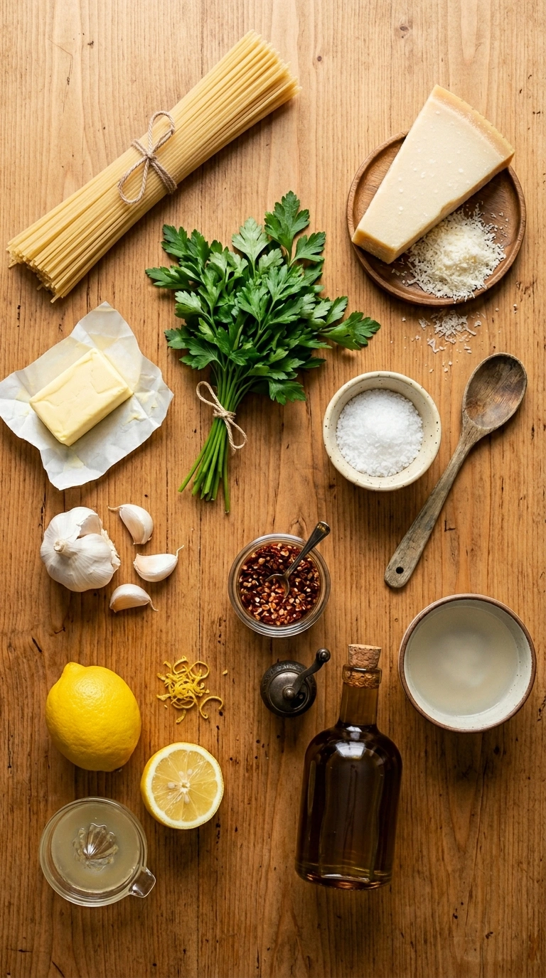 Ingredients for savory garlicky butter pasta