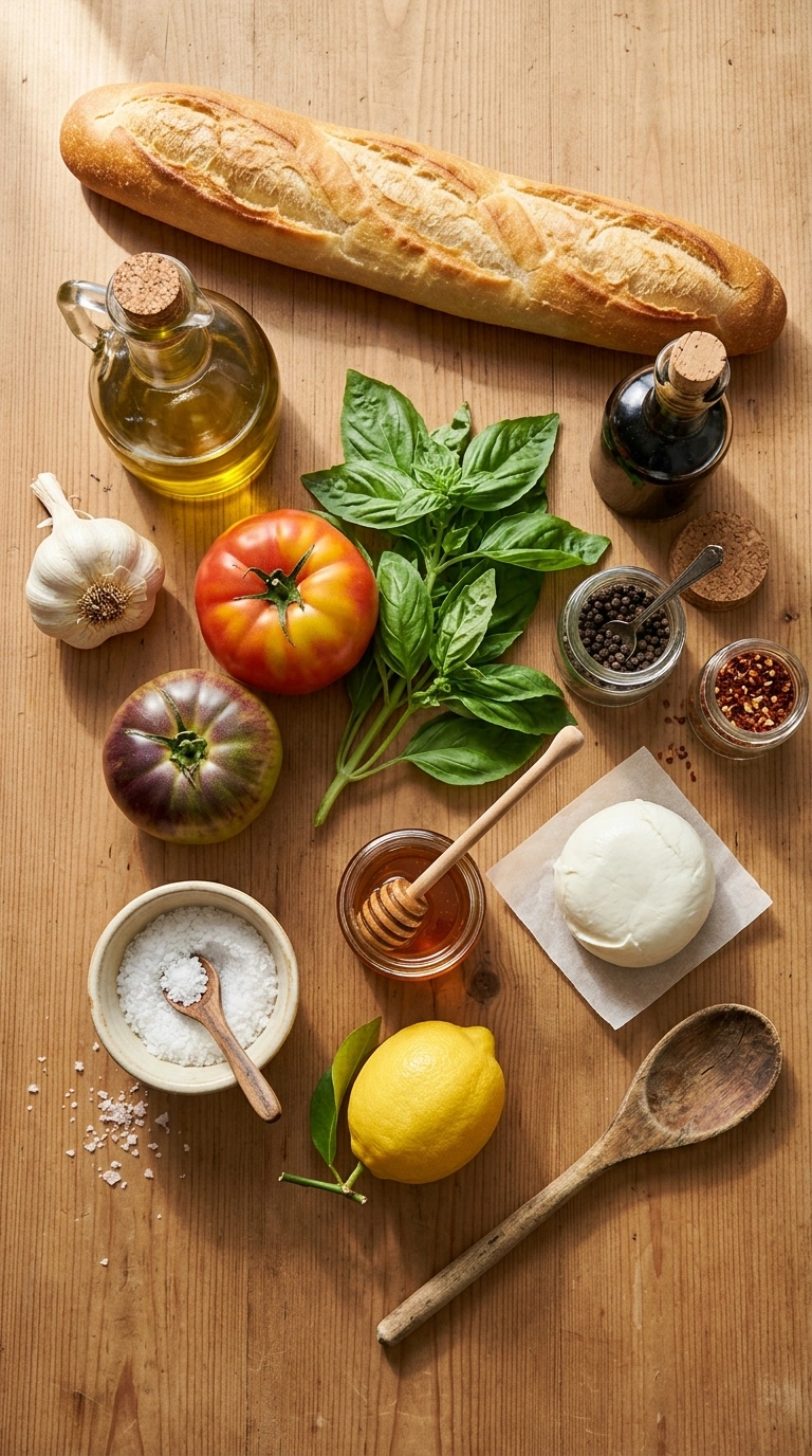 Ingredients for best elegant heirloom tomato bruschetta