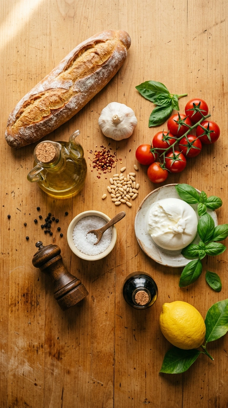 Ingredients for best elegant burrata basil bruschetta