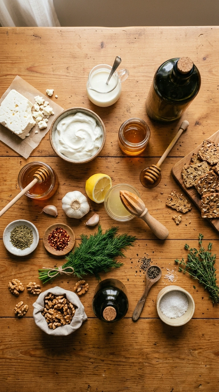 Ingredients for creamy whipped feta honey dip