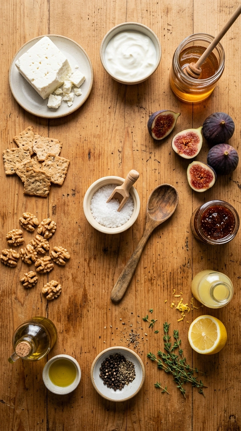 Ingredients for creamy whipped feta fig dip