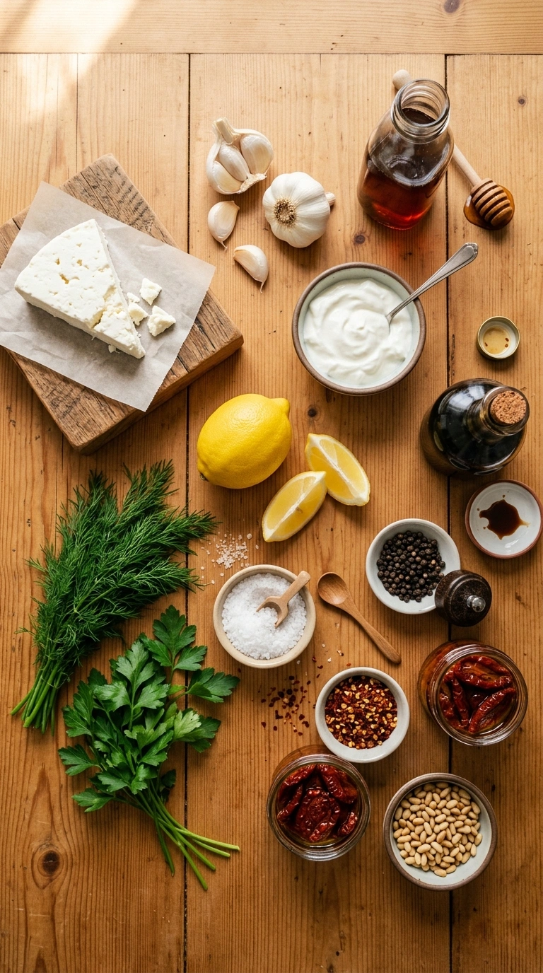 Ingredients for creamy whipped feta roasted garlic dip