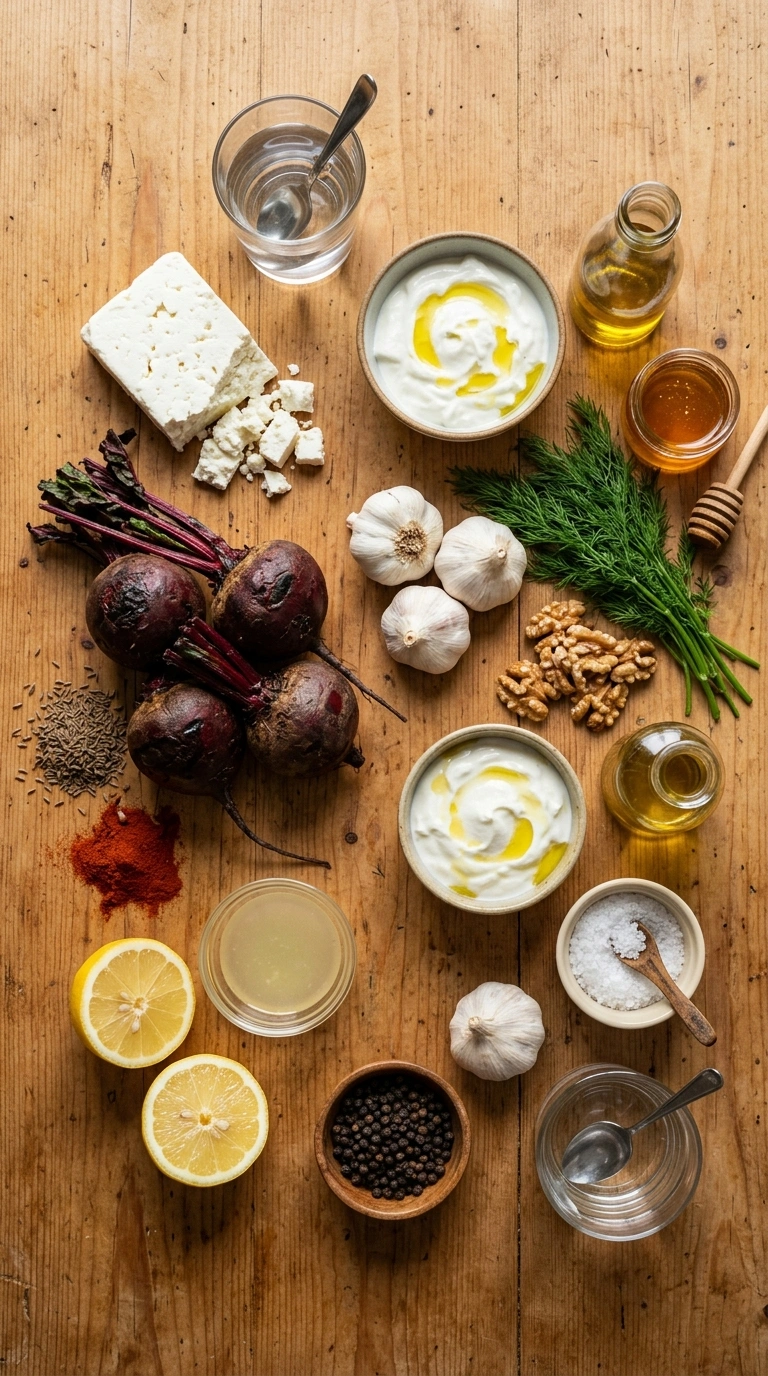 Ingredients for creamy whipped feta beet dip