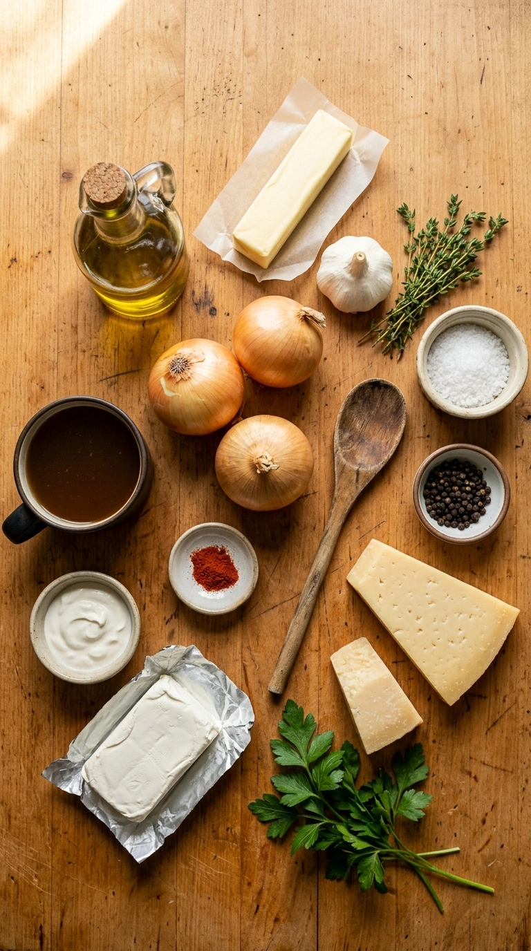Ingredients for creamy caramelized french onion dip