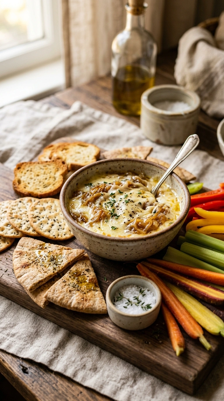 creamy caramelized french onion dip ready to serve