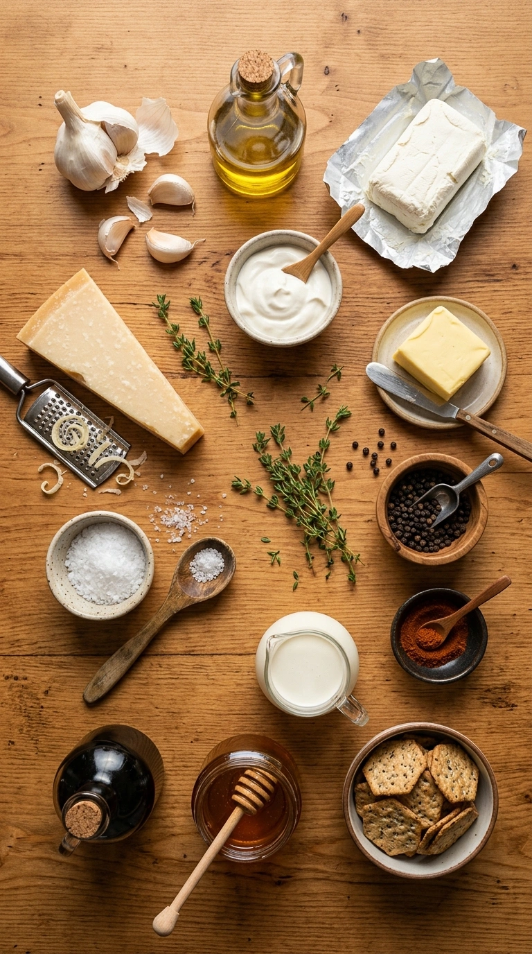 Ingredients for creamy caramelized roasted garlic dip